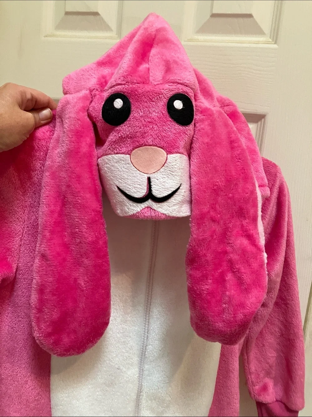 Kids Plush Hooded Bunny One-Piece Bodysuit in Pink with White Front